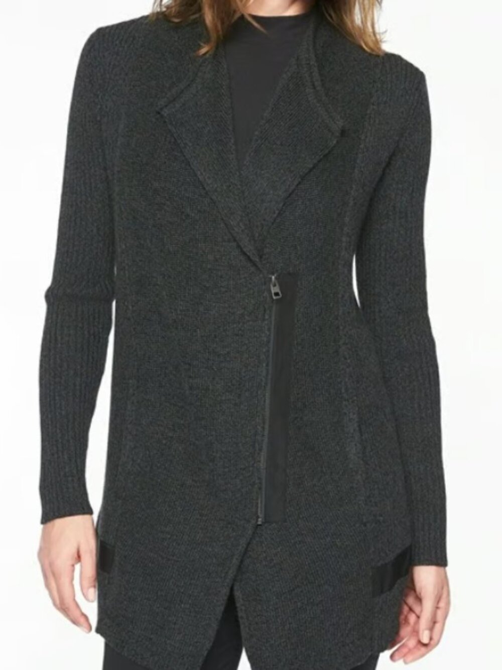 Athleta Ribbed Sentinel Black Extra Fine Merino Wool Wrap Cardigan Women Size L